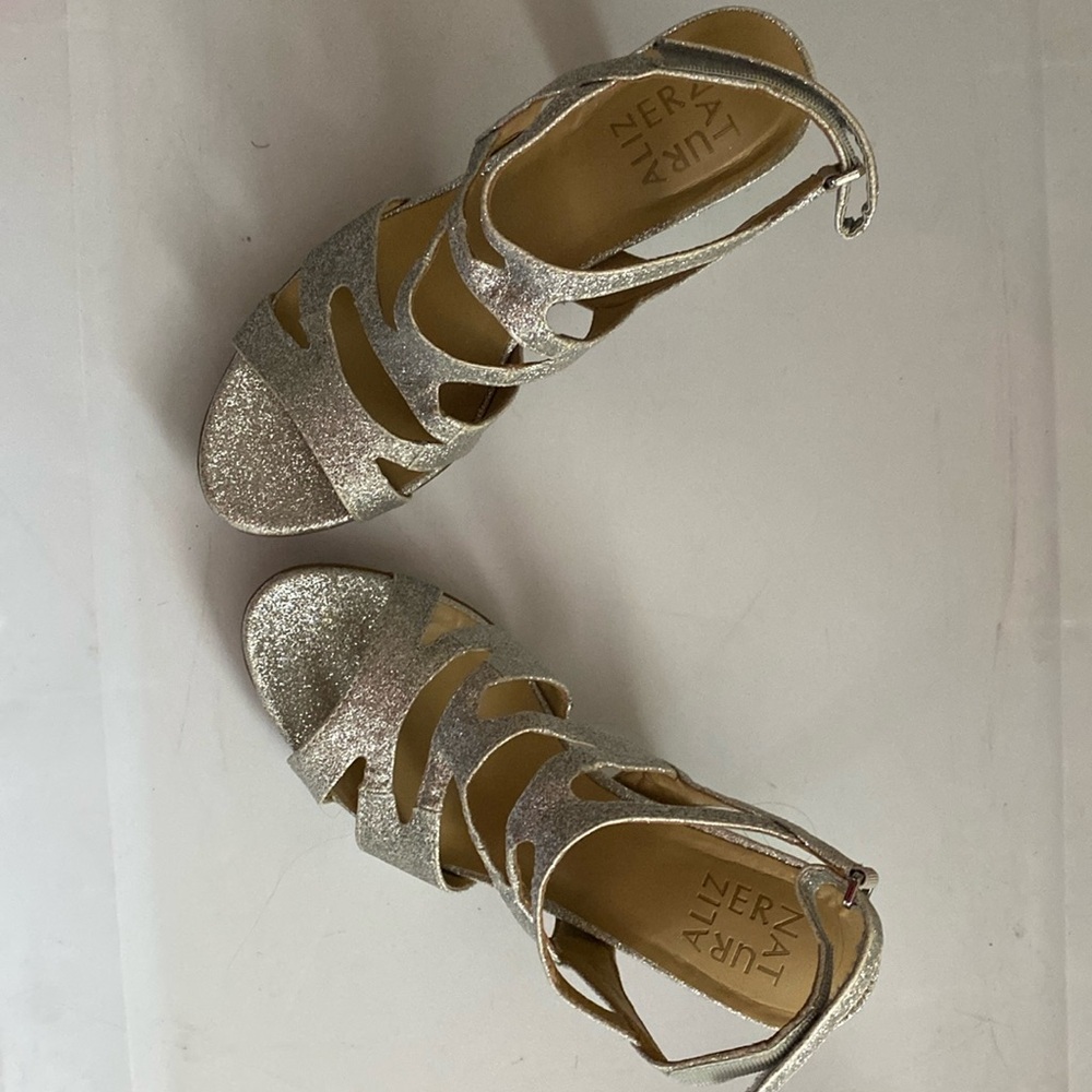 Naturalizer Dianna Silver Glitter platform heels.